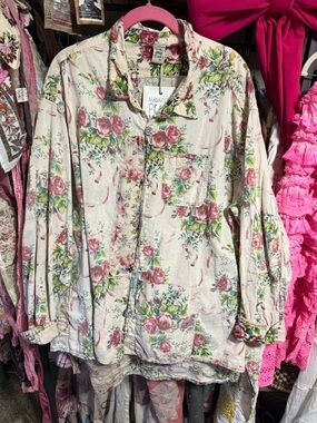 Magnolia Pearl Floral Button-Up Shirt Jacket - Pink & Green on Cream